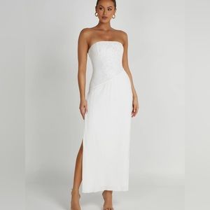Skye Lace Plisse Strapless Midi Dress